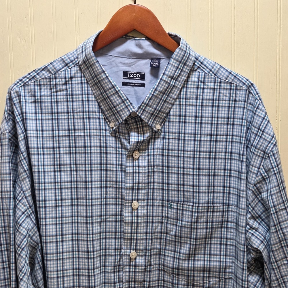 IZOD Shirt Mens 3XL‎ Blue Plaid Long Sleeve Button Down Non Iron Stretch Casual